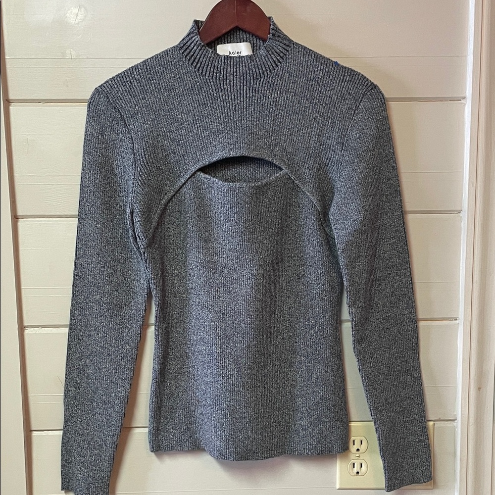 Acler Cut Out Ribbed Long Sleeve Top Gray Size 10.